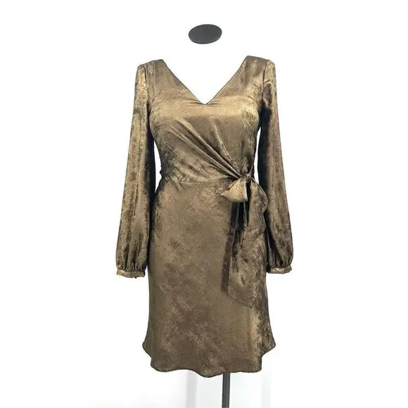 Lauren Ralph Lauren Womens Size 8 Marletta‎ Faux Wrap Sateen Dress Gold NWT $195